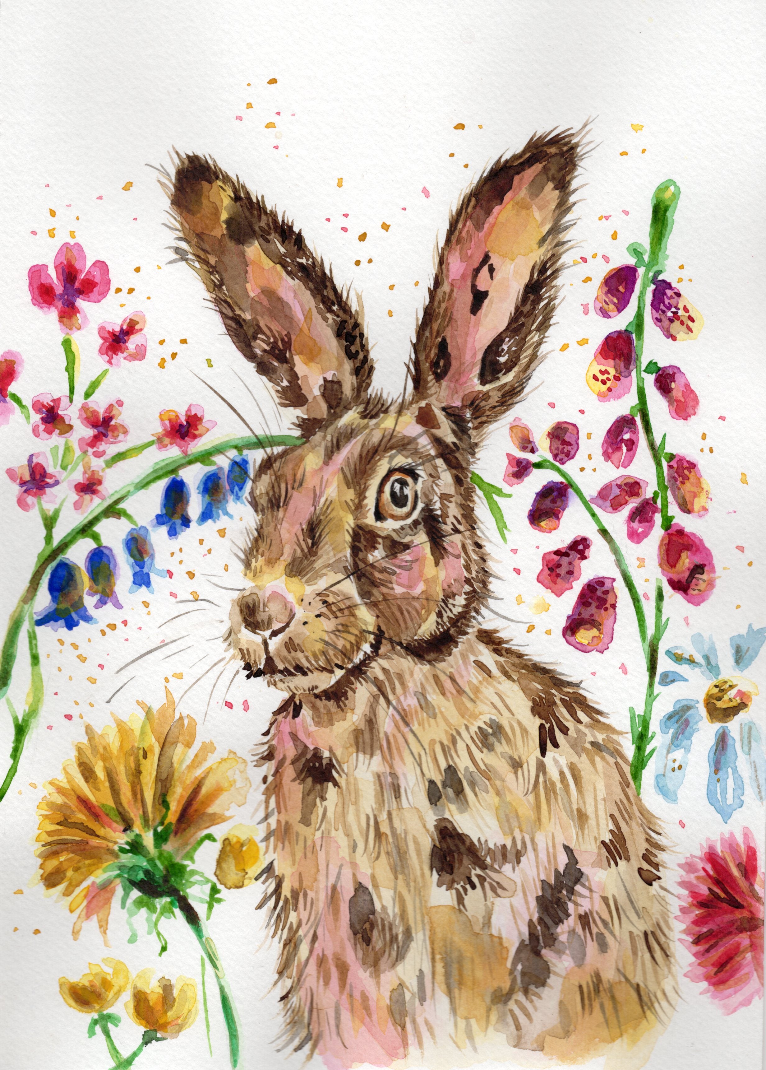 Watercolour Hare and Flowers Print