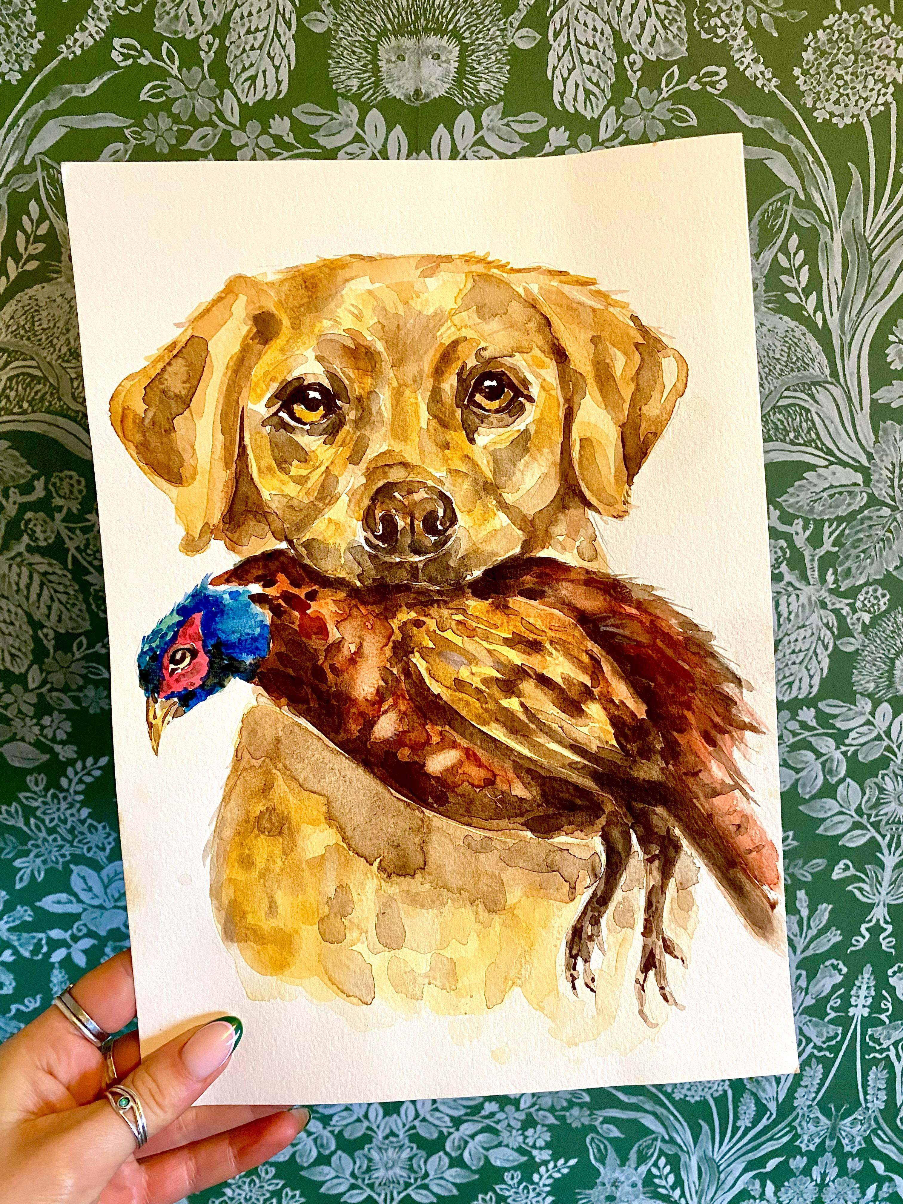 Original Golden Labrador with Pheasant - A4