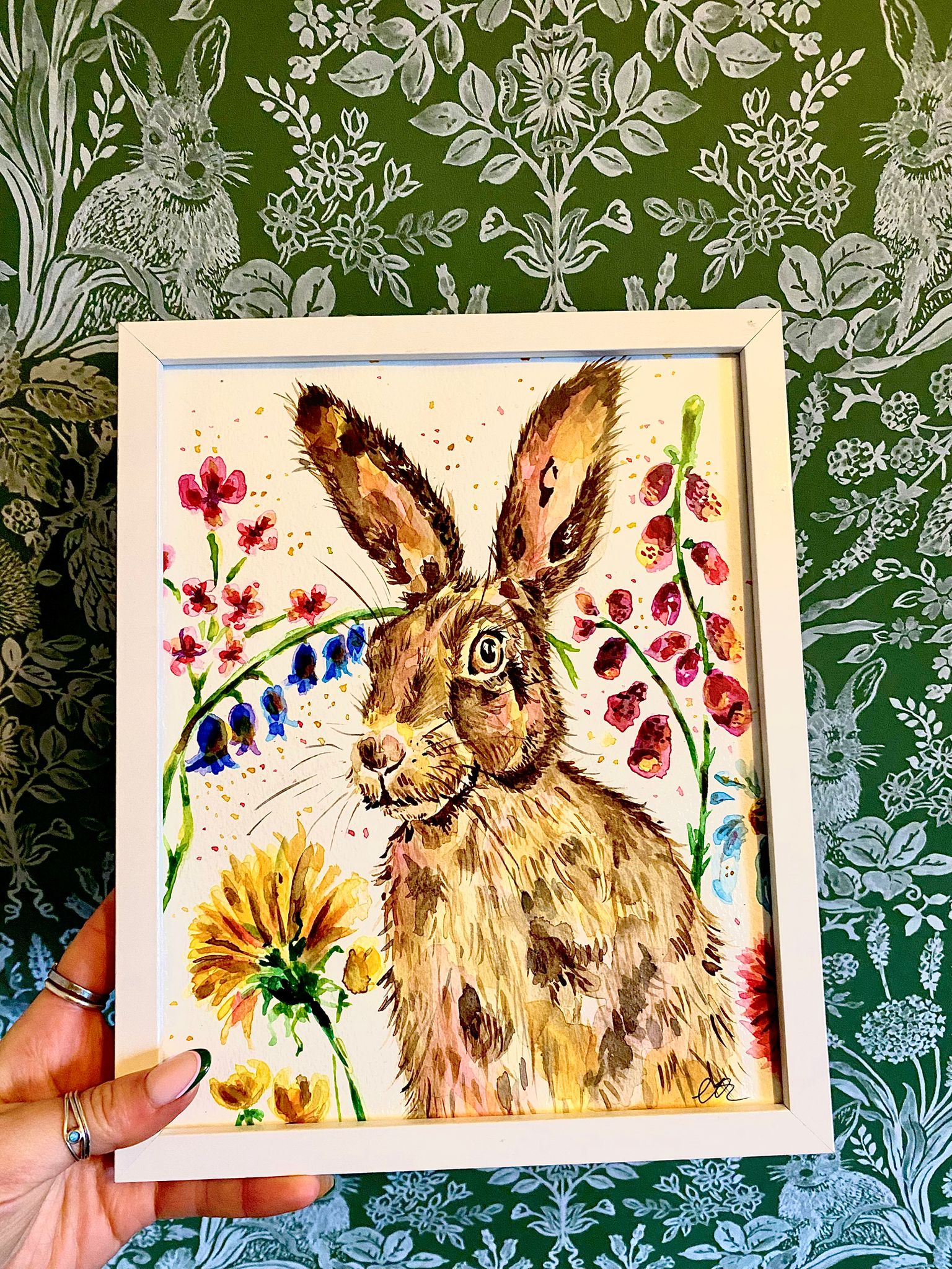 Original Watercolour Hare and Flowers - A4